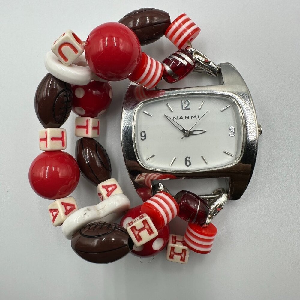 Narmi Watch Women Silver Tone Utah Football Bead Stretch Bracelet New Battery